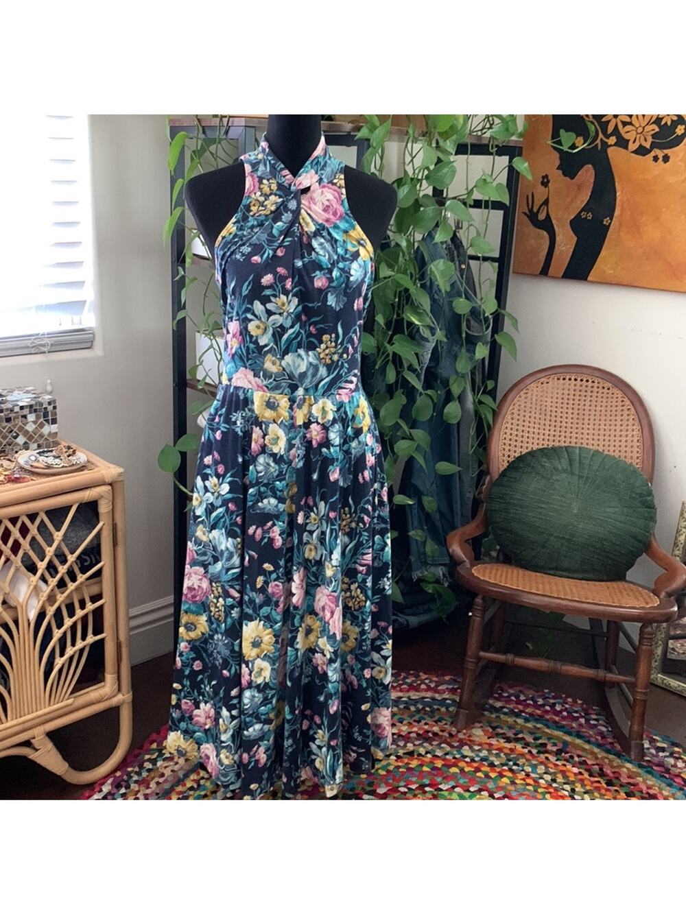 Vintage 70s/80s Bullocks Wilshire Floral Twist Front Drop Waist Boho Midi Dress
